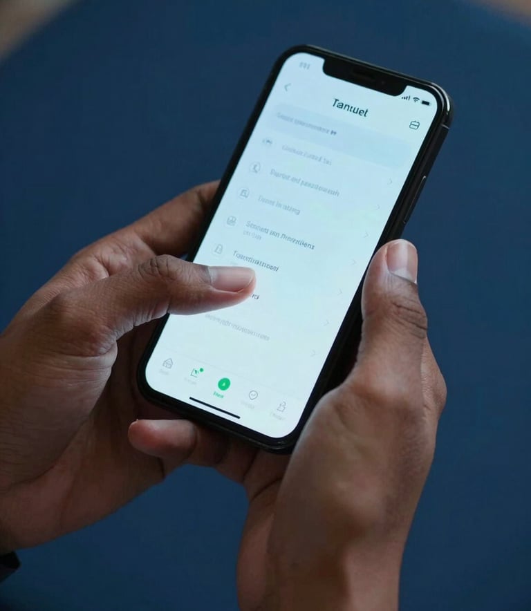 Close-up of a person's hands in a South Asian / Indian setting, interacting with a secure mobile payment app. The phone screen emits a pale blue glow against a deep blue background, symbolizing safe and instant financial transactions.