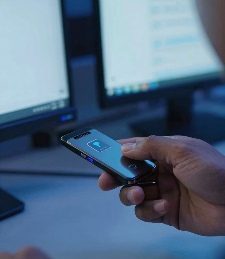 A close-up photograph of a secure digital interface being accessed by a person in a modern South Asian / Indian tech office. The lighting is dominated by deep ocean blue and pale azure tones from multiple screens. The composition is tight and focused, highlighting high-tech user protection.