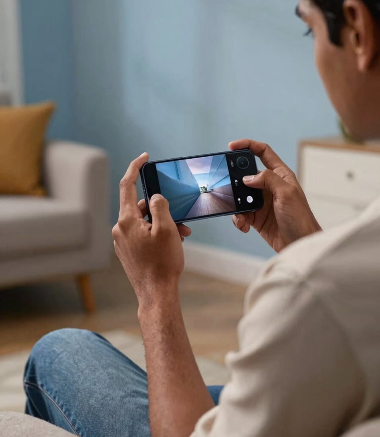 A high-quality lifestyle photograph of a person in a stylish South Asian / Indian home setting, comfortably playing games on a high-performance smartphone. The room is filled with soft light and muted sky blue accents, reflecting a high-end digital entertainment experience.