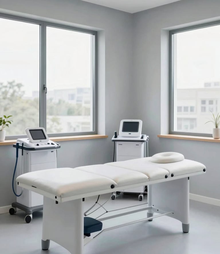 Professional interior photography of a bright, contemporary Western European physiotherapy cabinet. The space features clean lines, light gray walls, and professional medical equipment. A large window lets in soft daylight, creating a reassuring and clinical yet welcoming mood.