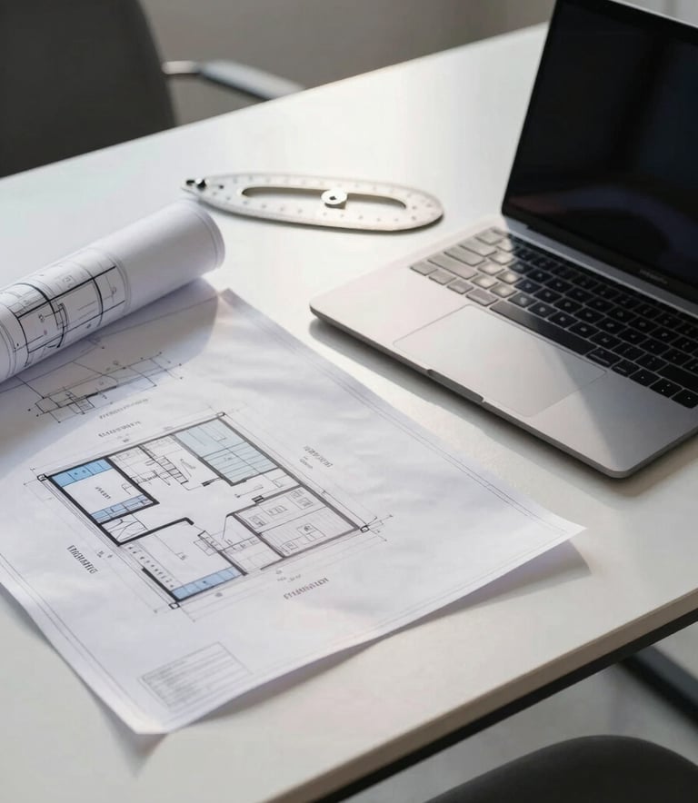A high-angle professional photography shot of a clean, modern desk in a Western European studio. On the desk are architectural blueprints, a sleek laptop, and a drafting scale. The lighting is bright and natural, reflecting a professional atmosphere with accents of sky blue and dark gray.