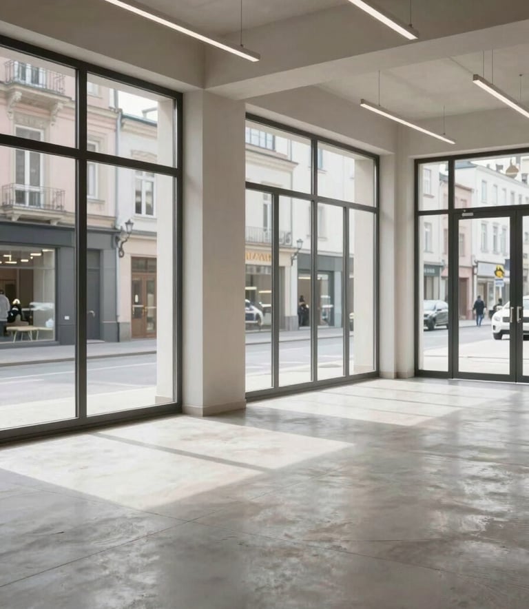 A medium shot of a bright, empty commercial retail space in a Western European city street, large windows, high ceilings, clean concrete floor, ready for transformation into a modern physiotherapy clinic.
