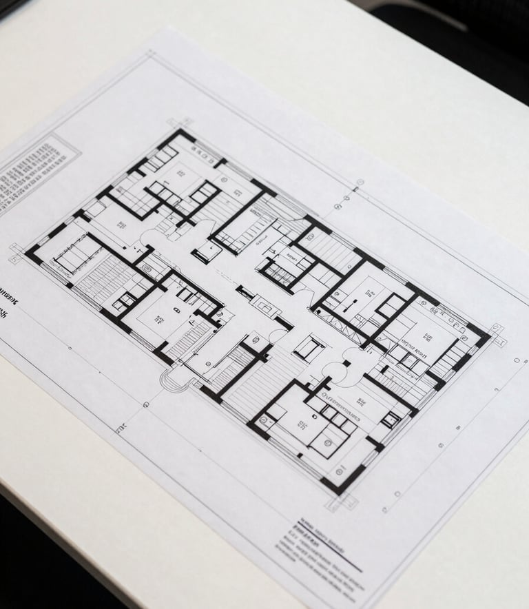 Top-down view of a professional architectural floor plan for a healthcare facility, featuring precise lines, room labeling, and a clean, modern drafting style on a white desk.
