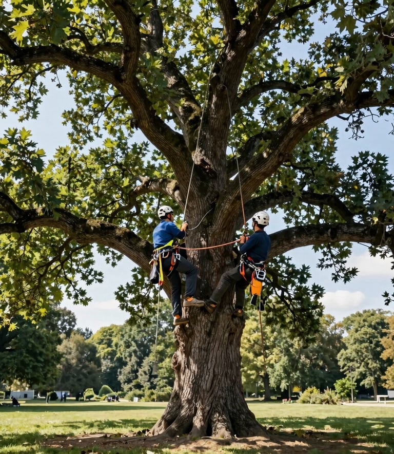 Wide shot of a professional arborist working safely among the branches of a majestic ancient oak tree in a Central European / Polish public park, sunny day, high-end climbing equipment visible, elegant and clean composition.
