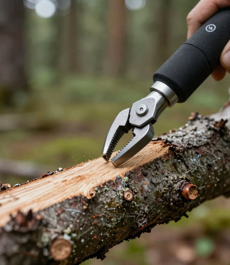 Detailed close-up of a precision cut on a tree branch using professional arborist tools, focusing on clean wood texture and healthy tree care, natural daylight in a Central European / Polish forest setting.