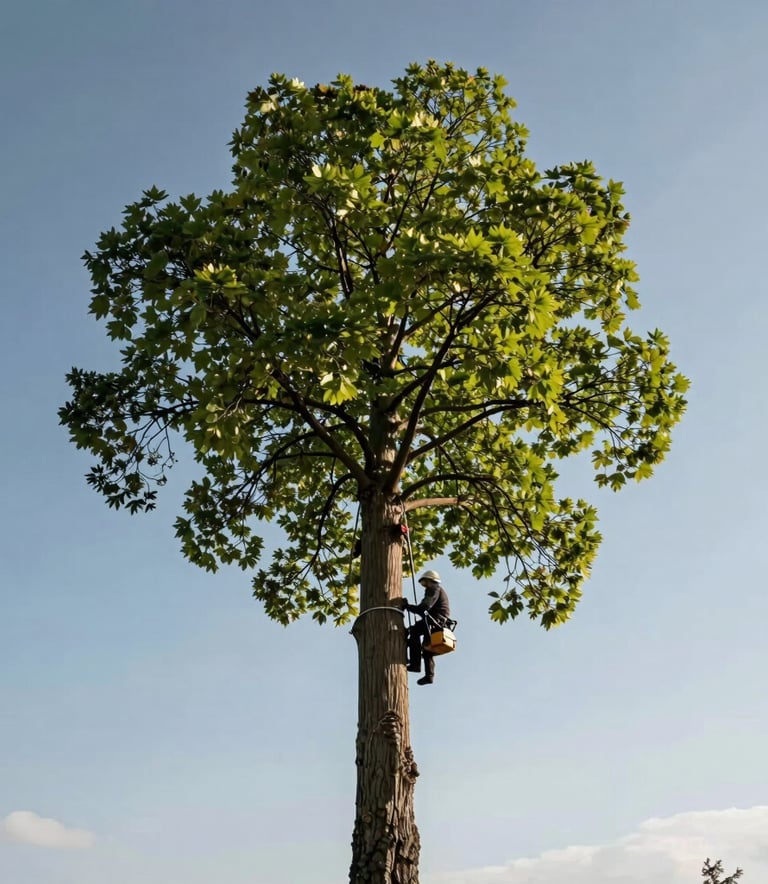 A tall, majestic tree being carefully maintained by an arborist in the distance, dramatic low angle shot looking up towards the sky, Central European / Polish sky, lighting emphasizes the green leaves and wood textures.
