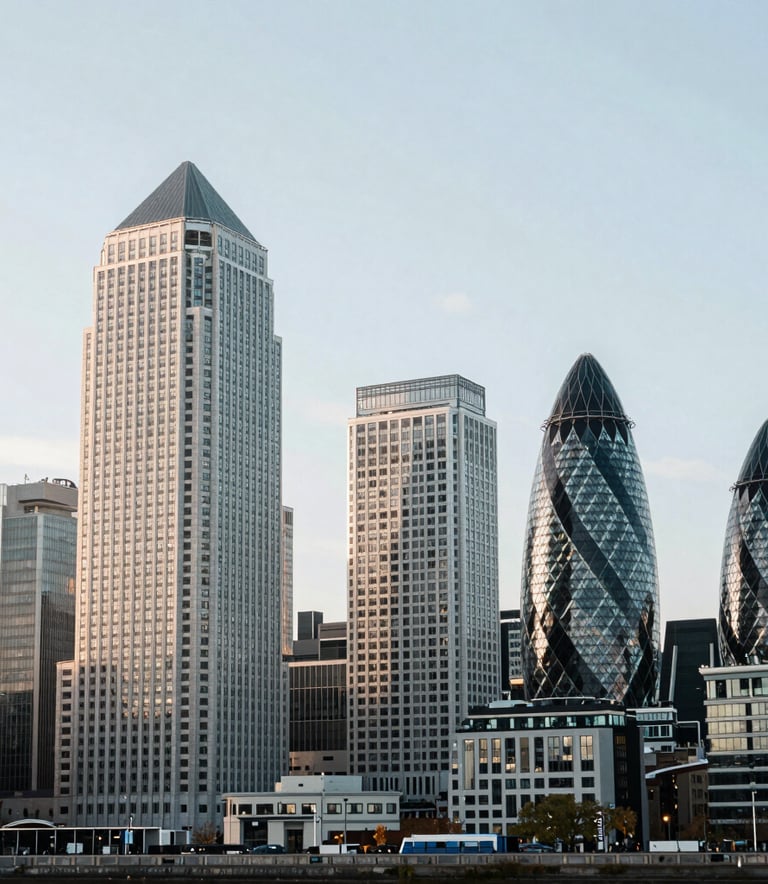 A wide-angle professional photograph of the Canary Wharf financial district in London, United Kingdom. The composition is clean and bright, utilizing soft white and slate blue tones to convey a sense of modern financial expertise.