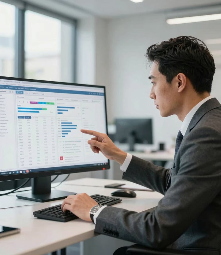 A sophisticated financial advisor in a tailored suit reviewing digital portfolio data in a bright, modern London office space, highlighting professionalism and client focus.