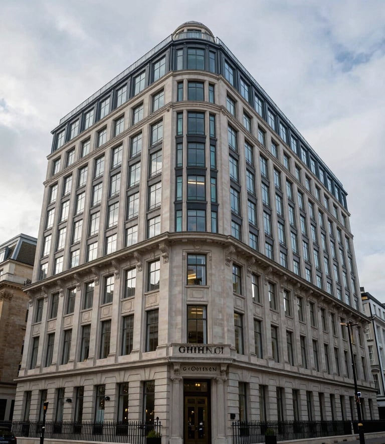 Exterior shot of a prestigious office building at 10 Grosvenor Street, London, featuring traditional British architecture with modern glass elements under a soft overcast sky, professional and sophisticated atmosphere.