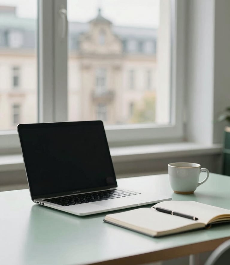A clean, minimalist desk in a bright office in Berlin, featuring a laptop, a notebook, and a ceramic cup. Through the window, blurred Central European architecture is visible in soft daylight. The atmosphere is calm, professional, and understated, with sage green accents.