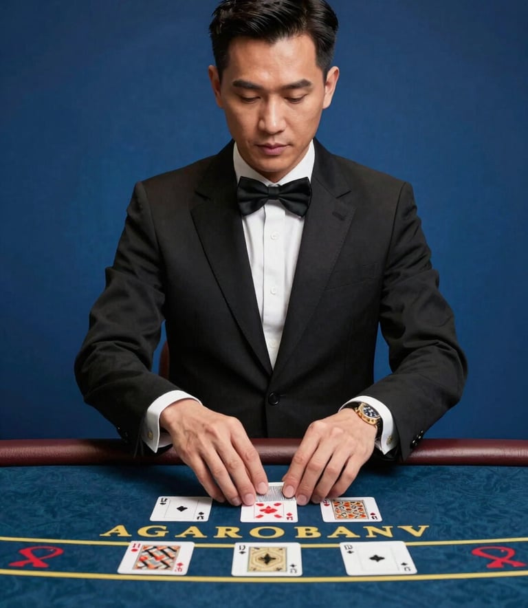 Southeast Asian / Vietnamese professional live casino dealer dealing cards at a luxurious baccarat table, elegant deep blue background, cinematic lighting, sophisticated and premium atmosphere, 8k resolution, photorealistic.
