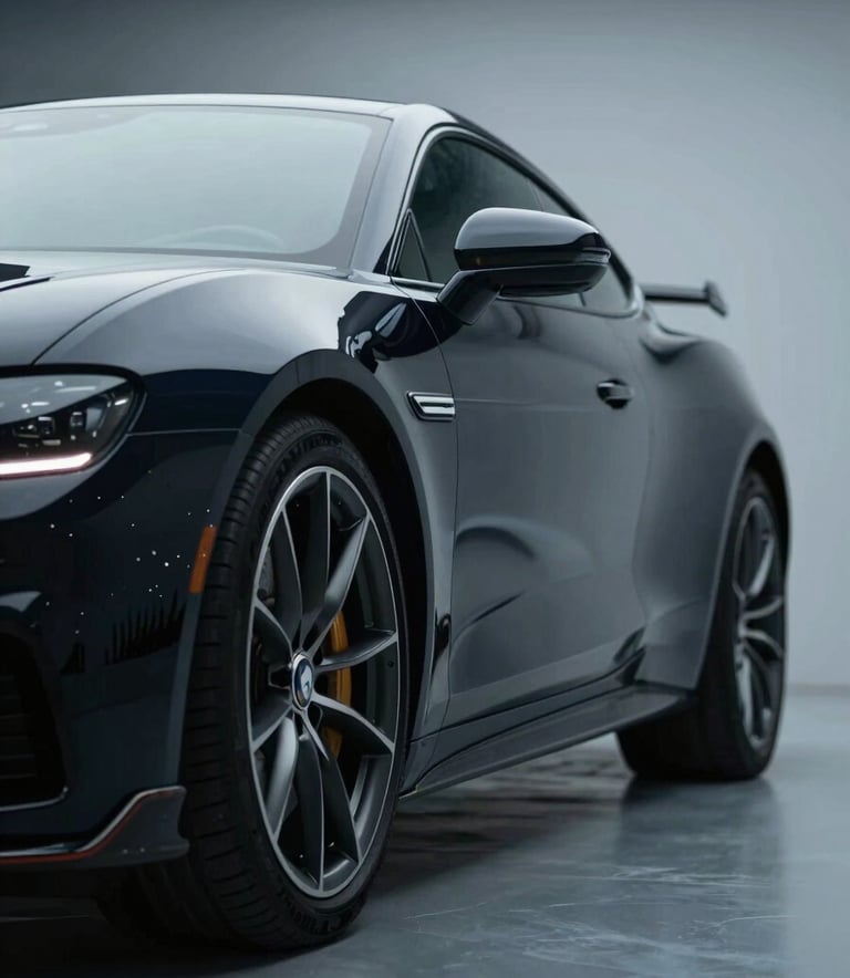 A dramatic low-angle shot of a sleek, dark luxury car after a full detail. The paintwork has a mirror-like finish, reflecting a clean, minimalist studio environment. The lighting is soft and directional, accentuating the car's curves. The mood is premium and transformative, with a color palette emphasizing #001220 and #6D97AD tones.