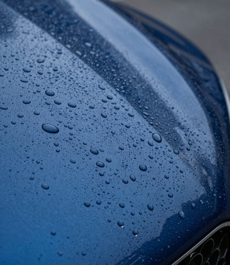 A macro shot of water droplets beading perfectly on a ceramic-coated car hood. The surface is a deep metallic blue resembling #003D5B. Professional studio lighting emphasizes the depth of the paint correction. The composition is focused on the texture and the hydrophobic effect of the premium coating.