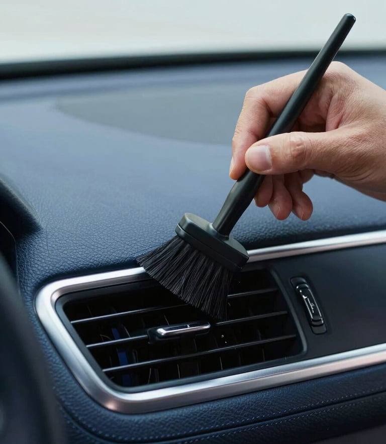 A close-up, high-angle shot of a detailer's hands using a soft-bristled brush to meticulously clean the intricate vents of a luxury car dashboard. The lighting is bright and professional, highlighting the texture of the high-quality materials. The color palette features deep blues and clean metallic accents, embodying a sense of professional care.