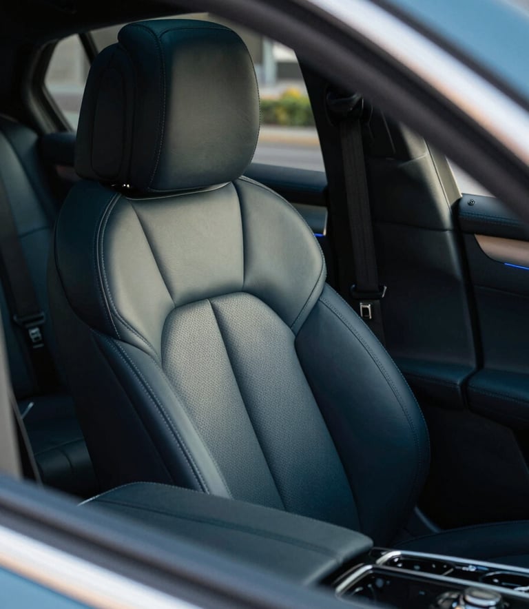 A close-up, high-angle shot of a luxury car interior. The leather seats are perfectly conditioned with a soft matte finish. Soft daylight highlights the intricate stitching and the pristine condition of the dashboard. The colors feature deep blacks and #003D5B blue accents in the cabin lighting. The vibe is immaculate and premium.
