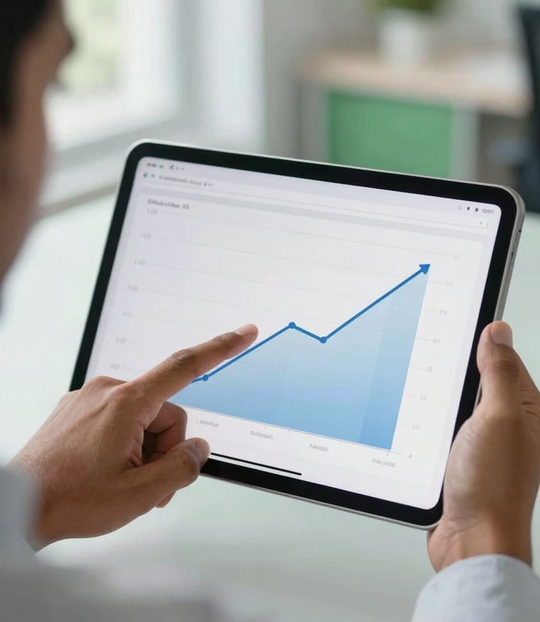 A close-up photograph of a professional South Asian individual pointing at a tablet screen displaying a clean, rising sales growth chart, set in a bright, modern Indian office with soft green accents.