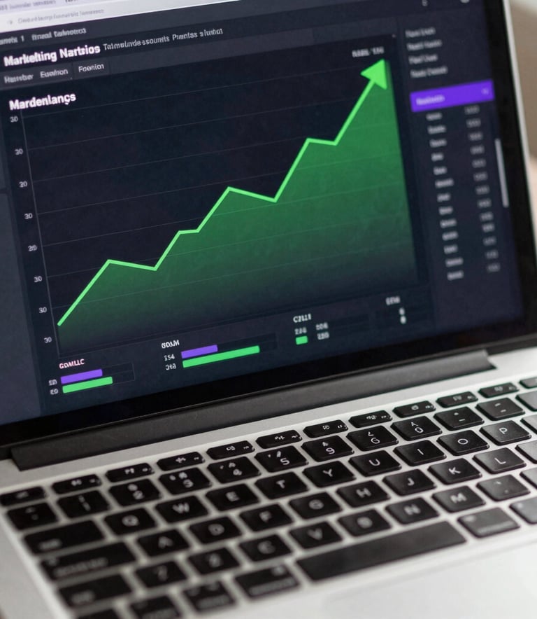 A close-up photograph of a professional laptop screen displaying a digital marketing analytics dashboard with green upward trends and purple accents.