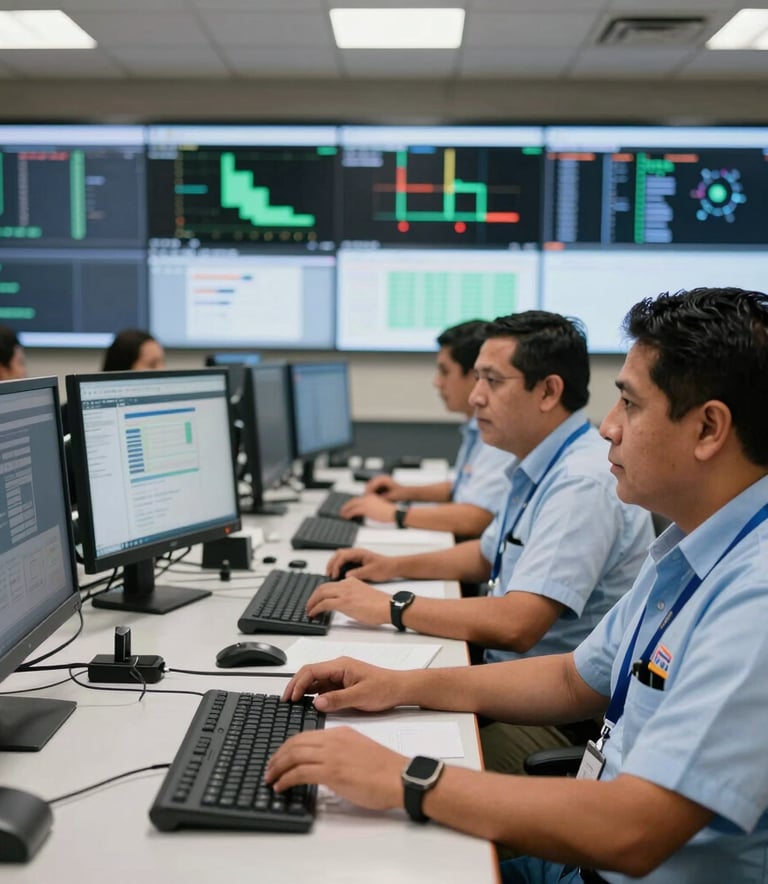A professional dispatch scene in a high-tech logistics control room in Lima, Peru, with South American / Peruvian personnel monitoring operations on screens, professional and authoritative tone.