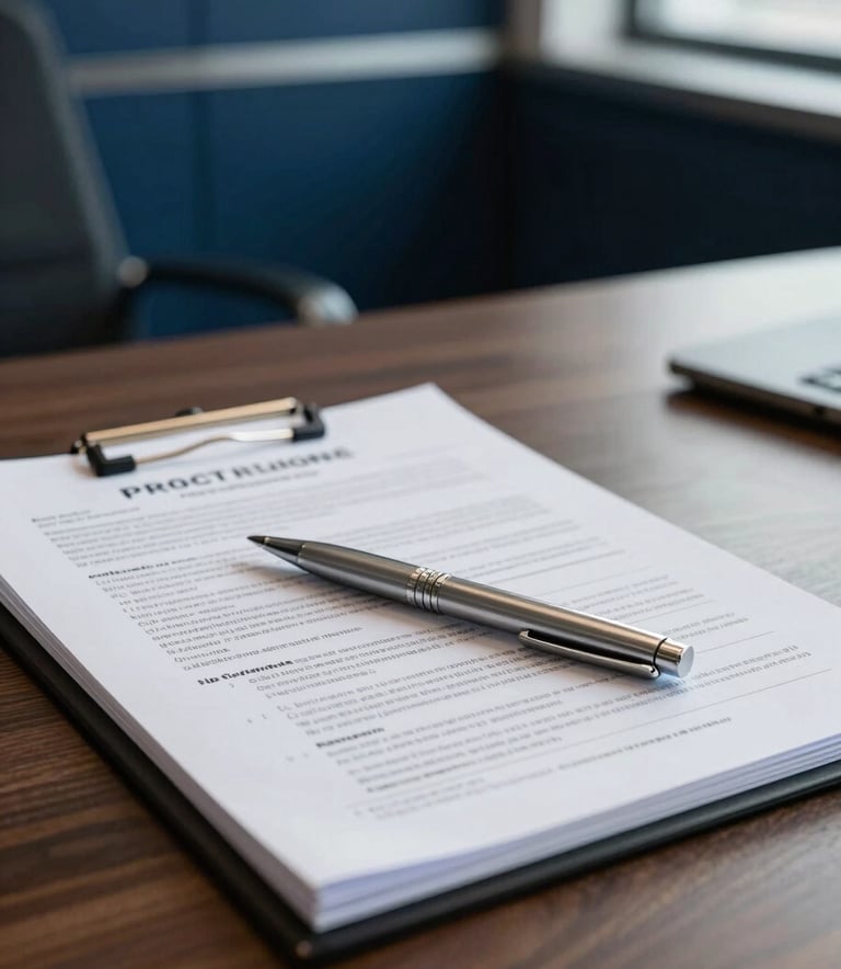 Close-up of a professional desk in a North American / US corporate office, featuring a silver pen resting on detailed regulatory documents, with a backdrop of deep navy walls and steel blue accents.