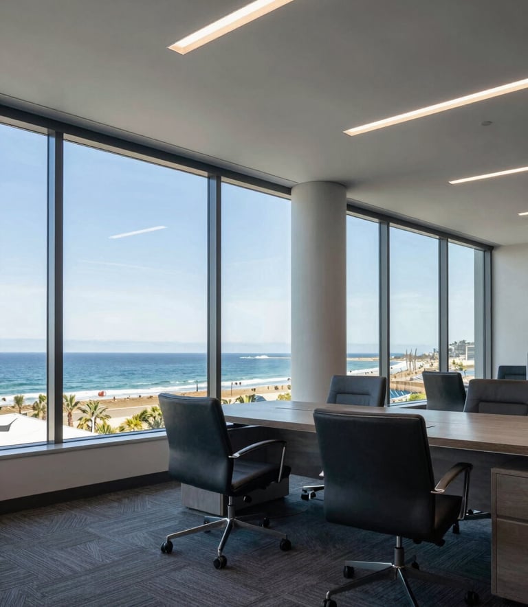 A wide-angle professional photograph of a luxury North American / US office interior in Huntington Beach, featuring large windows overlooking the Pacific coast, decorated in steel blue and soft grey tones.