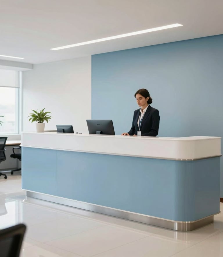 A bright and airy corporate office reception in South America. The design is classic and corporate, with polished floors and professional decor in light blue and white. A professional is visible in the background, out of focus.