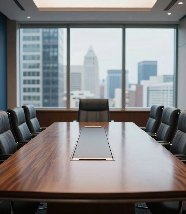 A high-end corporate boardroom in a South American business district with a large mahogany table and leather chairs. Soft natural lighting through a large window, professional and solid atmosphere, with deep blue and soft gray accents.