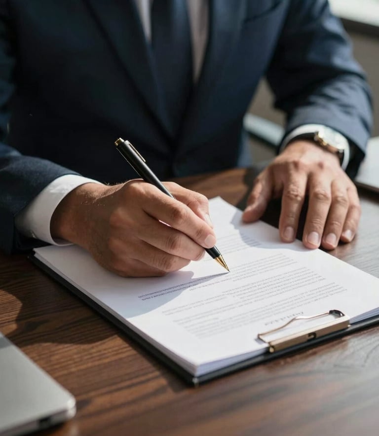 A close-up of a professional hand signing a formal document on a dark wood desk in a sunlit South American office. The lighting is crisp and natural, highlighting a atmosphere of trust and legality. Subtle dark blue and gray tones dominate the scene.