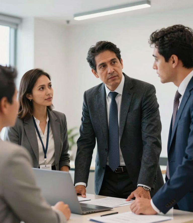 A group of professional South American consultants in formal attire collaborating in a clean, modern workspace. The lighting is bright and natural, conveying a mood of competence and serious professional engagement.
