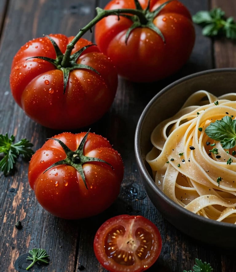 A close-up, Scandinavian-style overhead photograph of a rustic wooden table featuring fresh heirloom tomatoes, garden herbs, and a bowl of handmade pasta. Professional photography with sophisticated, moody lighting and deep shadows, featuring tones of Deep Ripe Crimson and Matte Forest Green. Northern European / North American setting.