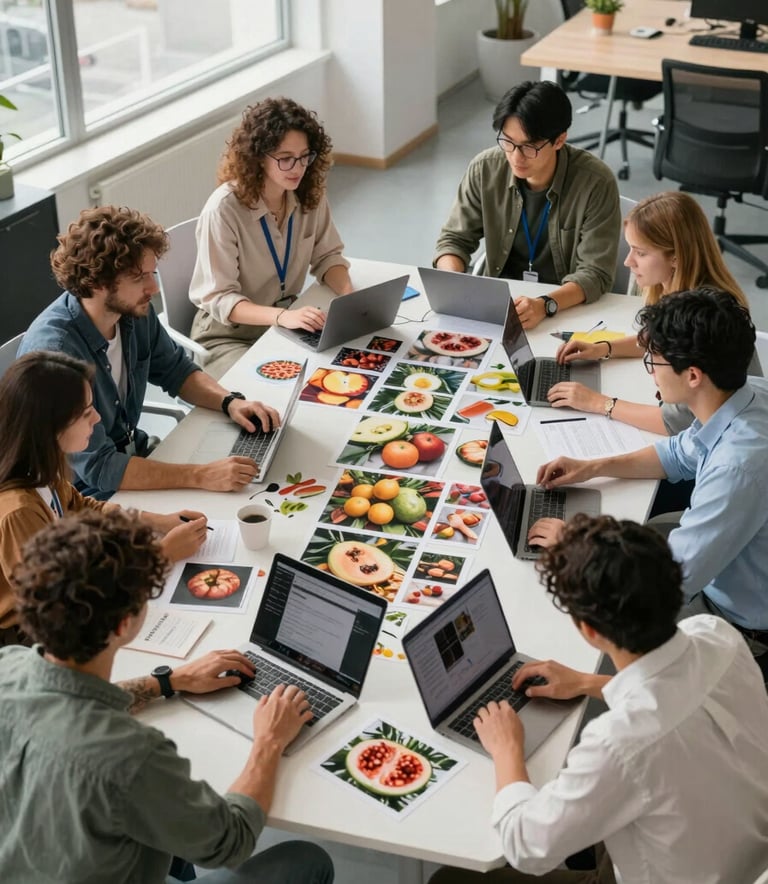 A high-angle shot of a creative digital marketing team in a bright, modern Northern European office, collaborating over a large table with mood boards and photos of local produce. Natural light, clean lines, and a professional yet approachable atmosphere.