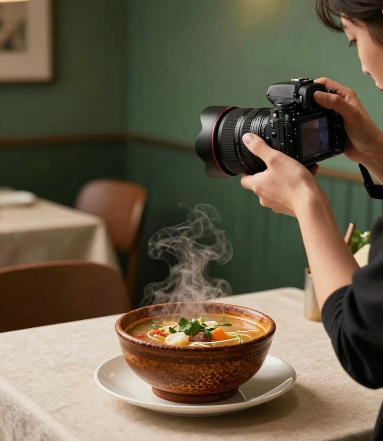 A behind-the-scenes shot of a food photographer using a high-end camera to capture a close-up of a rustic, steaming bowl of soup in a cozy, modern restaurant. The lighting is soft and moody, with Matte Forest Green wall accents and a Crisp Parchment tablecloth.