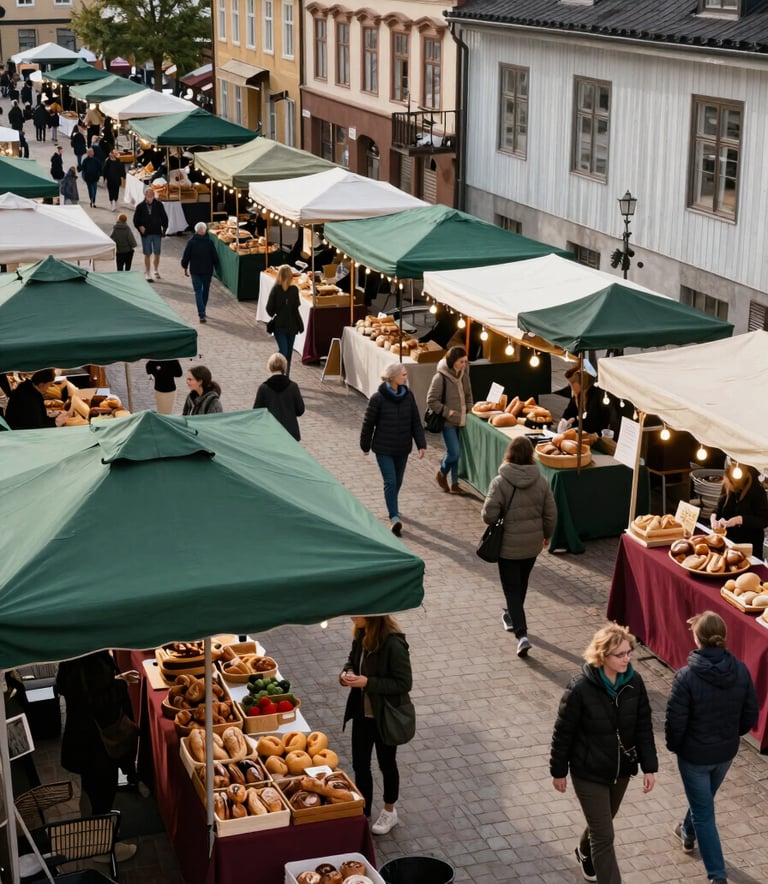 A high-angle photograph of an outdoor artisanal food market in a Northern European town square. Crisp morning light illuminates stalls with fresh produce and handcrafted breads, featuring a palette of Matte Forest Green awnings and Ripe Crimson textiles. People in stylish, casual attire walk through the stalls.