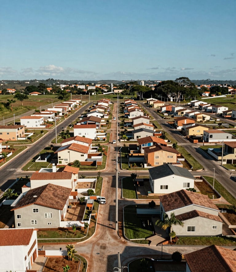 High-angle shot of a newly developed residential land subdivision in Brazil showing organized power lines and infrastructure under a clear blue sky, South American architecture style.