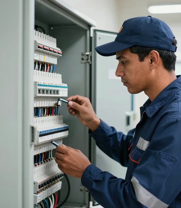 Detailed photography of a professional electrical technician in South American work attire inspecting a clean, modern electrical panel. Soft natural light, sharp focus on technical details, navy blue and light blue elements in the background.