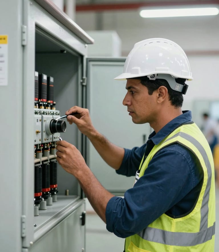 A professional engineer in a white hard hat performing a technical inspection of a large industrial electrical panel, South American Brazilian work environment, bright and clean lighting, professional technical atmosphere.