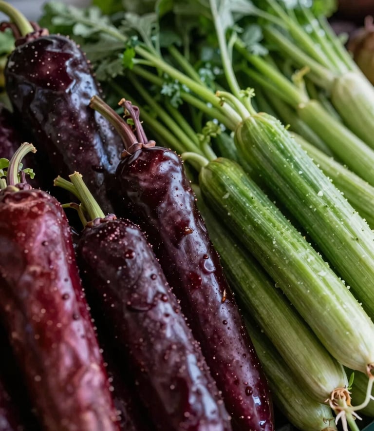 A close-up photograph of fresh, vibrant organic vegetables at a North American / Western farmer's market, featuring deep reds and forest greens, captured in natural morning light with a shallow depth of field.