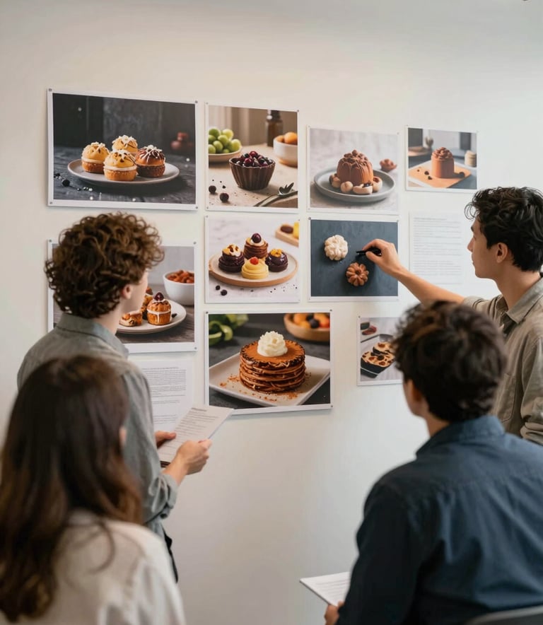 A creative team of marketing professionals in a North American / Western agency studio discussing a content strategy plan over a mood board featuring artisanal food photos, Dark Slate and Crisp Parchment background elements, professional lighting.