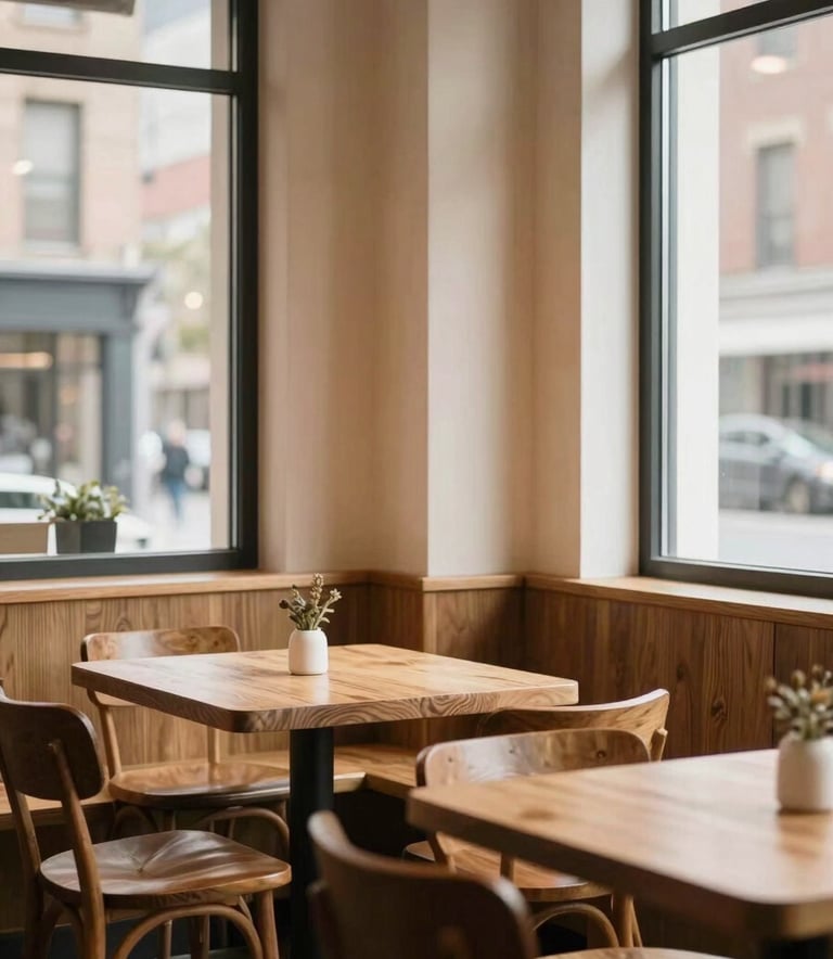 Cozy Scandinavian-style restaurant interior in a North American / Western city, featuring warm wood textures, parchment-colored walls, and large windows letting in soft, natural light.