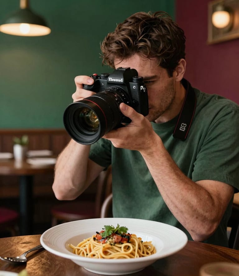 A professional photographer in a cozy North American / Western restaurant setting using a high-end camera to capture a dish of fresh pasta, warm ambient light, Matte Forest Green and Deep Ripe Crimson accents in the decor.