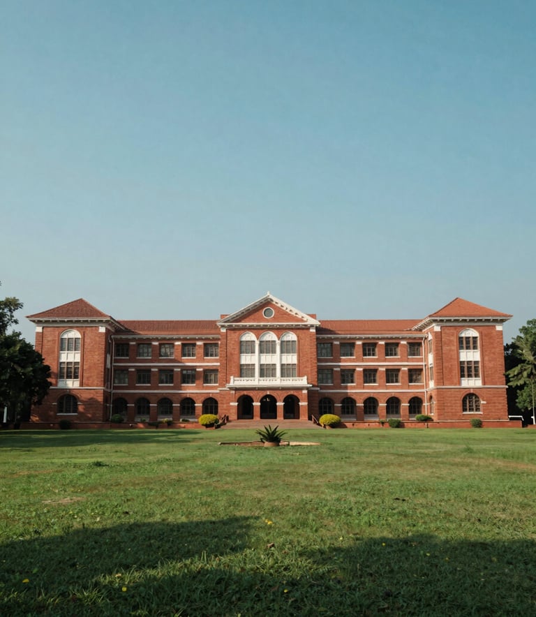 Wide shot photography of a prestigious engineering college campus in South Asian / Indian style, featuring grand red-brick architecture, manicured green lawns, and a clear blue sky. The composition is clean and aspirational, using the brand colors like muted teal and deep forest green in the landscaping.