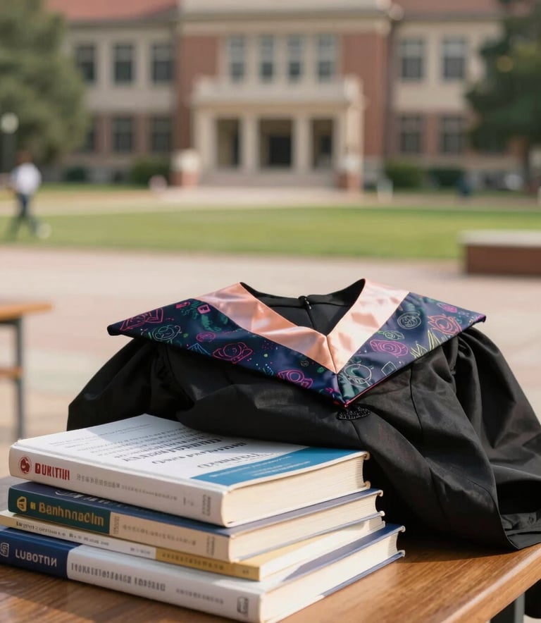 A close-up shot of a graduation gown and several engineering textbooks on a wooden table, with a blurred South Asian university campus courtyard in the background, warm natural lighting.
