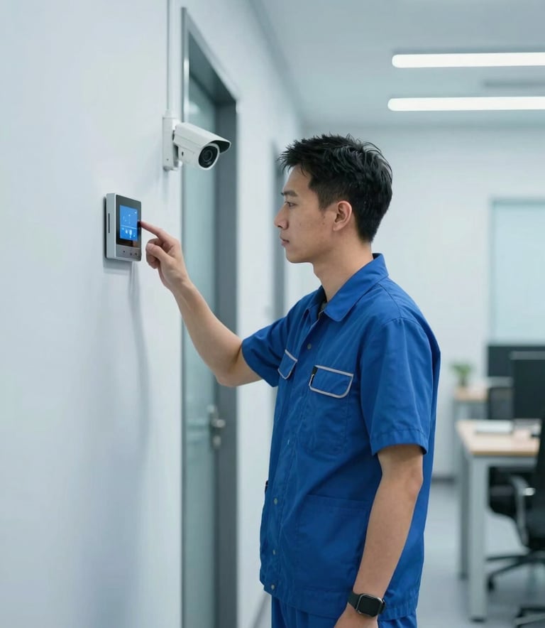 A professional technician in a clean uniform inspecting a wall-mounted smart home control panel and a security camera in a bright, modern office corridor. The lighting is crisp, emphasizing a Steel Blue and Pale Ice Blue environment.