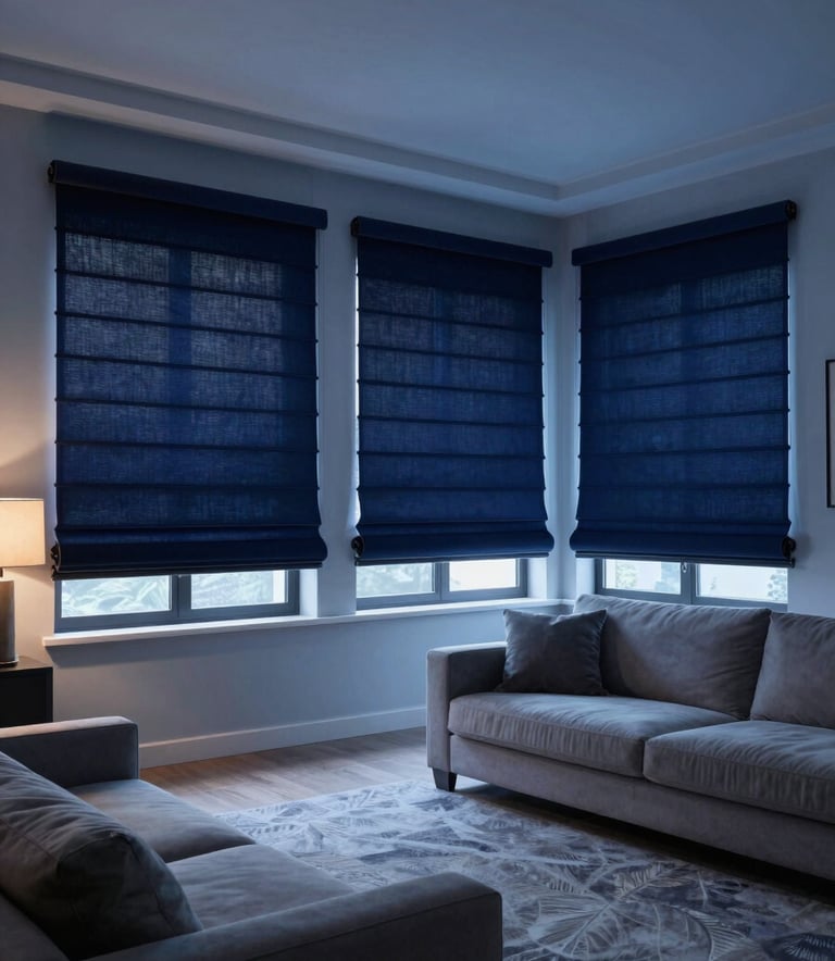 Wide-angle photograph of a sophisticated living room with integrated smart lighting and automated shades. The scene is illuminated in soft Steel Blue tones with Dark Navy Blue accents, showcasing seamless technology integration.