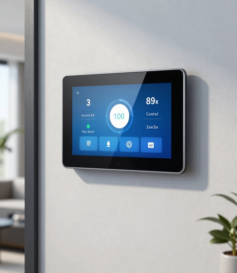An elegant residential interior featuring a tablet mounted on a wall displaying a smart home automation interface with Control4 software. The room is modern with steel blue and mist white decor, emphasizing cutting-edge home control.