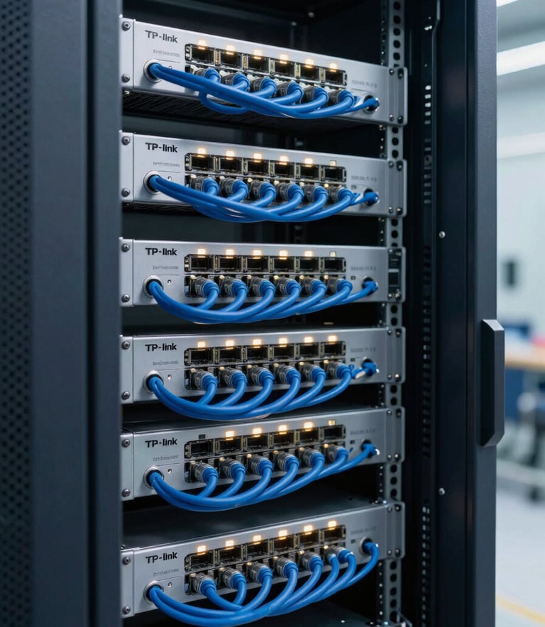 A professional view of a networking server rack in a clean industrial facility, featuring organized blue cables and glowing lights from TP-Link and Ubiquiti hardware. The aesthetic is clean and high-tech with dark slate navy tones.