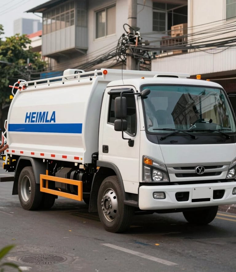 A clean white septic service truck with blue branding parked on a paved street in a Southeast Asian / Filipino urban area, professional technicians in uniforms nearby, sharp focus, morning lighting.