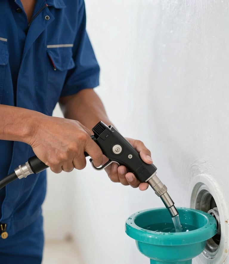 A close-up photograph of a Southeast Asian technician in a professional uniform using a specialized high-pressure plumbing tool to clean a drain. The background is clean and bright, emphasizing a modern service environment with accents of Deep Blue and Bright Teal.