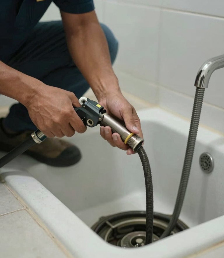 Close up of a professional technician using a heavy-duty sewer snake and plumbing equipment in a clean Southeast Asian / Filipino residential bathroom, focused lighting, professional style.
