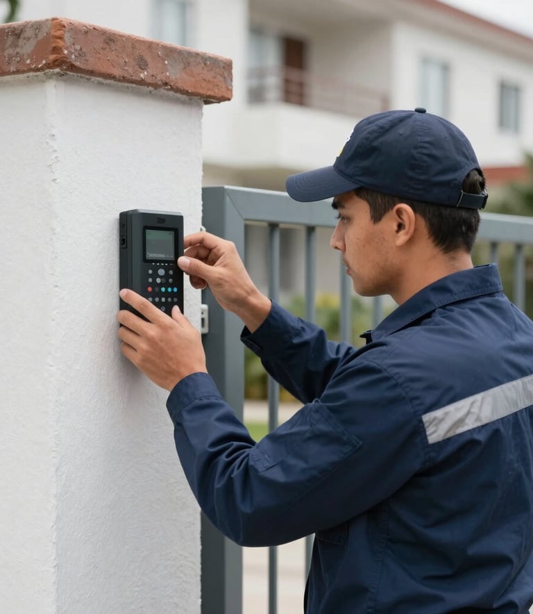 A professional technician in a navy blue uniform installing a digital intercom system at the gate of a residential building in Ecuador, clear daylight photography.