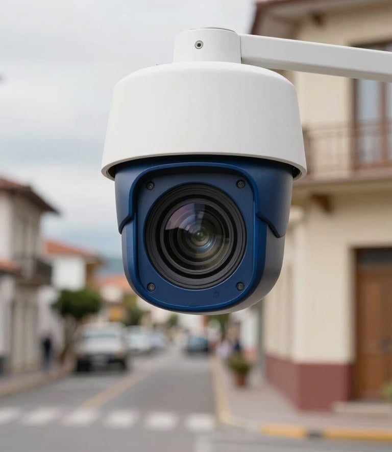 A high-tech security camera lens reflecting a peaceful Ecuadorian street, highlighting modern home surveillance technology. The composition is clean and minimalist, using deep ocean blue and parchment white tones, in professional sharp focus.